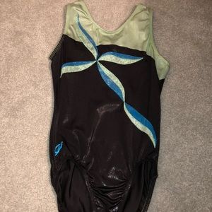 Black, green, and blue GK Elite gymnastics leo